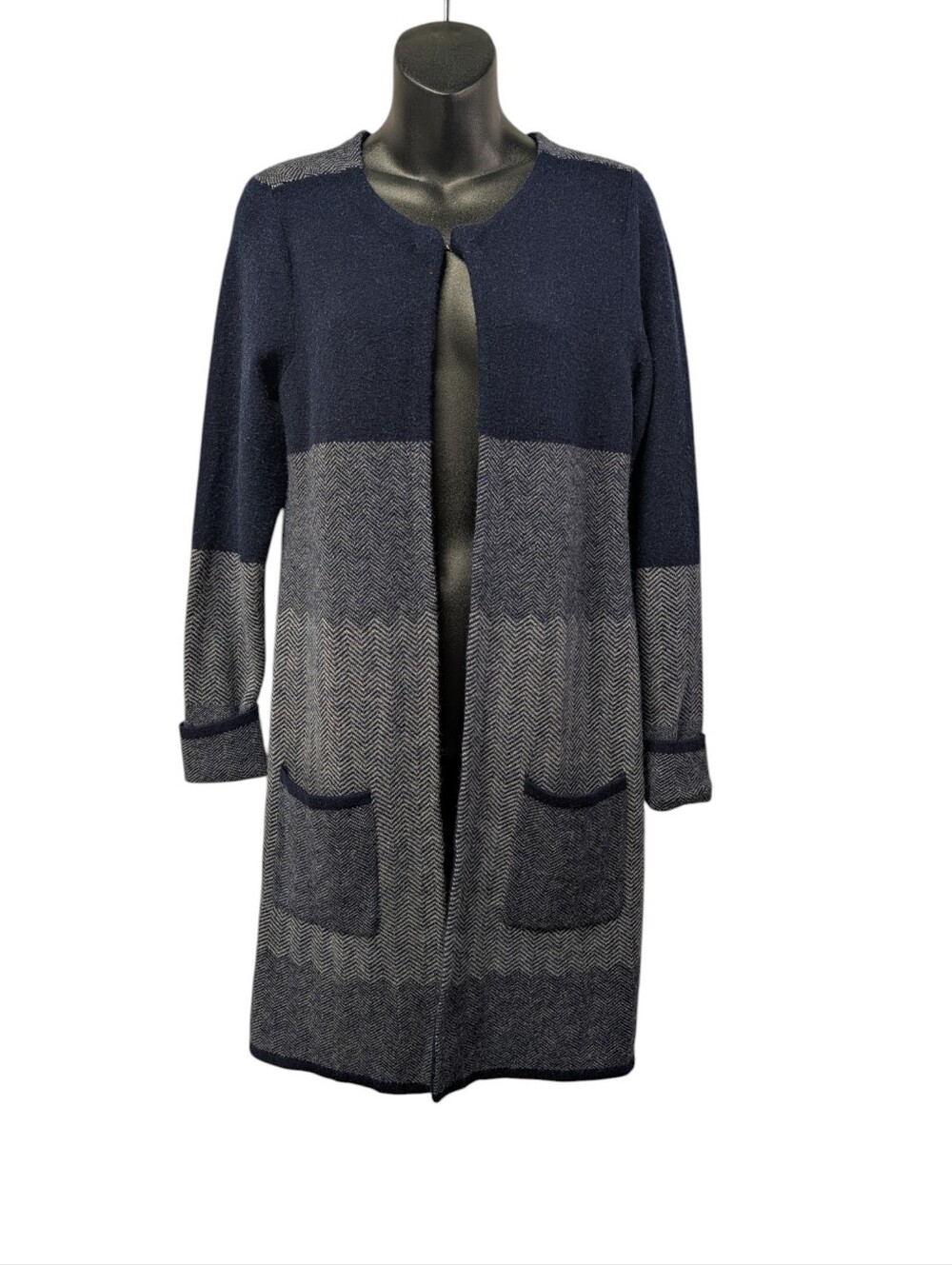 Westport Woman Navy Gray Herringbone Colorblock Long Cardigan Size XS Open Front